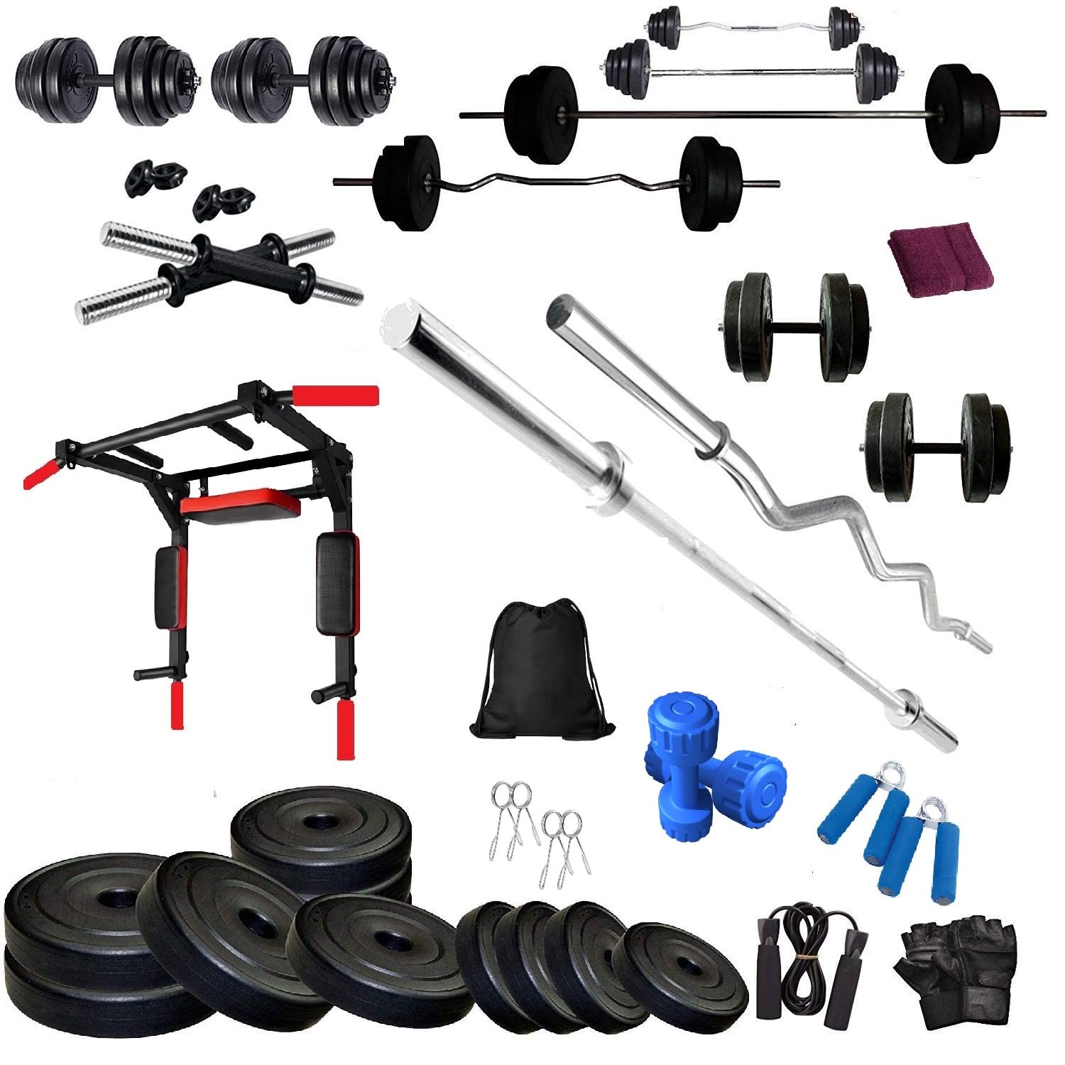 Bodyfit Fitness Gym Set for Home with New Model 3in1 Pull up Bar (Wall Mount bar Set) for Home, Rods,Weight Plates, Workout & Fitness Dumbbell Equipment. (56Kg Plates)