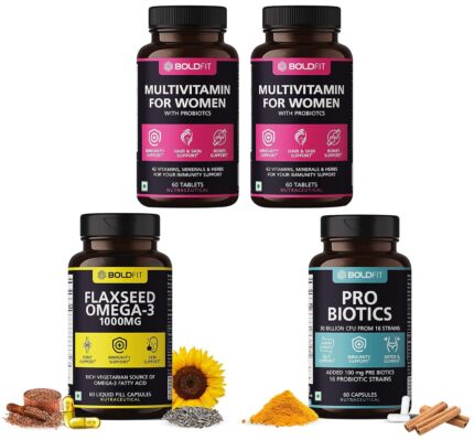 Boldfit Probiotics Supplement 30 Billion CFU with 16 Strains & Prebiotics - 60 Capsules, White & Flaxseed Oil Capsules 1000mg - 60 Veg Capsules. & Multivitamin Tablets For Women - 120 Veg Tablets