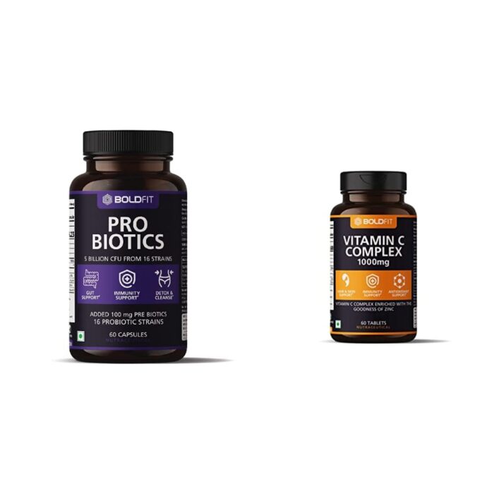 Boldfit Probiotics Supplement 5 Billion CFU with 16 Strains & Prebiotics - 60 Capsules, White & Boldfit Vitamin C Complex 1000mg - 60 Tablets
