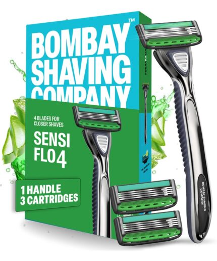 Bombay Shaving Company Sensi Flo 4 Value Pack (Handle + 3 Blade Cartridge) | Up to 4 Months of Shaves | 4 Blade Razor for Men with styling back blade | Aloe, Vit E and Argan Oil lubra strip and pivoting head