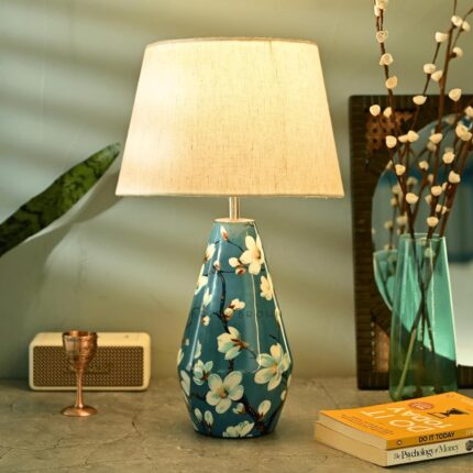 Brick Brown ® Premium Wooden Almond Blossoms Lamp with Shade & Bulb | Table Lamp with Fabric Shade & Bulb | Ideal for Bedroom, Living Room, Study Table | Bedside & Side Table Night Lamp