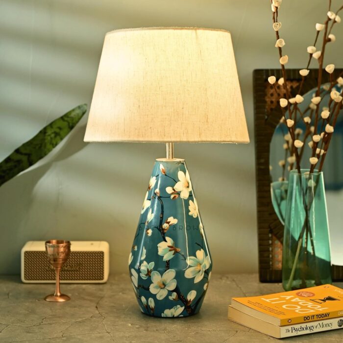 Brick Brown ® Premium Wooden Almond Blossoms Lamp with Shade & Bulb | Table Lamp with Fabric Shade & Bulb | Ideal for Bedroom, Living Room, Study Table | Bedside & Side Table Night Lamp