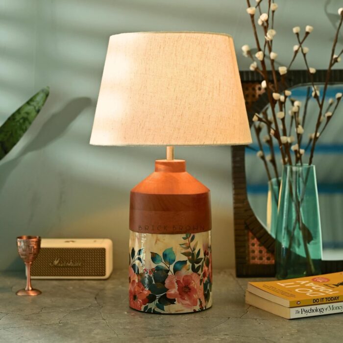 Brick Brown ® Premium Wooden Pastel Flora LED Lamp With Shade & Bulb for Home Decoration | Bedside, Night, Study Room, Living Room, and Bedroom Side Table
