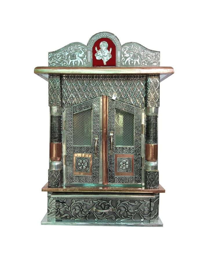 Brilliant Home Designs Wood Aluminium and Copper Oxidized Home Temple (L-12, B-7 inches)