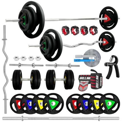 Bullar Proffessional Home Gym Set with 5Ft 28mm Bar, 3Ft 28mm Curl bar, (20kg-100Kg) Steel Plates,15" StarNut Dumbell Rod & More Gym Equipments for Home Gym Workout (40 Kg(2.5 kgX4, 5kgX6))