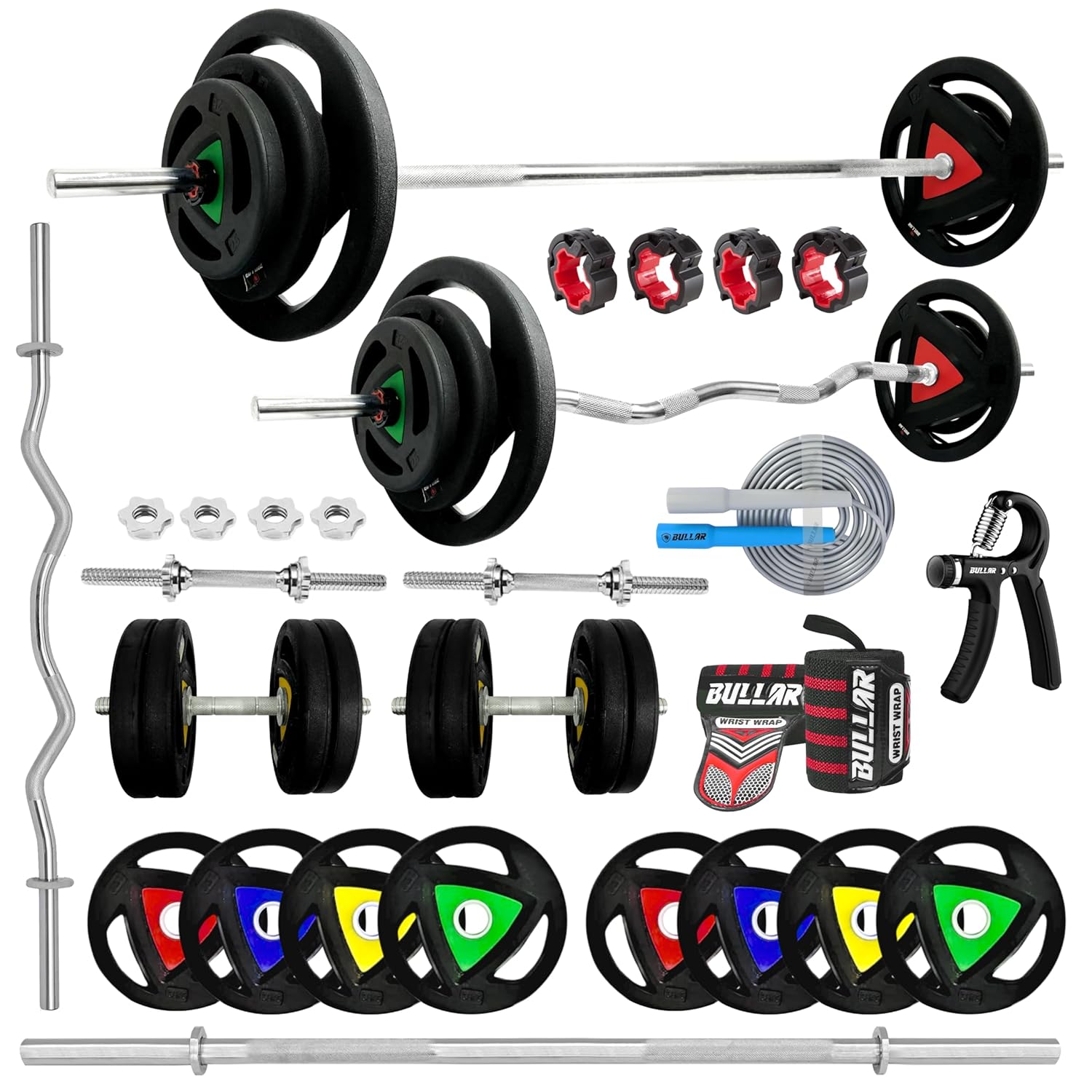 Bullar Proffessional Home Gym Set with 5Ft 28mm Bar, 3Ft Bullar Proffessional Home Gym Set with 5Ft 28mm Bar, 3Ft 28mm Curl bar, (20kg-100Kg) Steel Plates,15" StarNut Dumbell Rod & More Gym Equipments for Home Gym Workout (40 Kg(2.5 kgX4, 5kgX6))