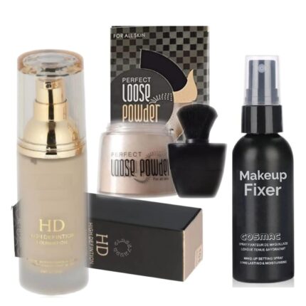 CLASSY HUDA HD HIGH COVERAGE FOUNDATION, PERFECT LOOSE FACE POWDER & MAKEUP FIXER SPRAY. DASHING MAKEUP KIT