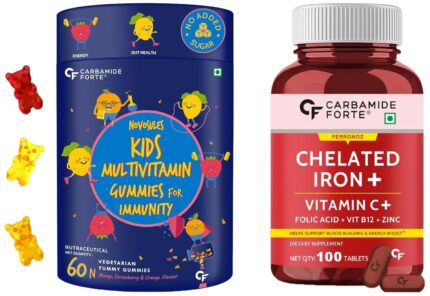 Carbamide Forte Multivitamin Gummy for Kids & Adults with Superfoods–60 Gummies & Carbamide Forte Chelated Iron with Vitamin C, B12, Folic Acid and Zn - 100 Tablets