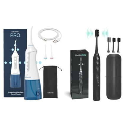 Caresmith Cordless Dental Flosser, 300ml Tank, 3 Modes, IPX7 Waterproof & SPARK Infinity Electric Toothbrush, 5 Modes, 3 Brush Heads, Travel Case, Black, Smart Rechargeable Toothbrush