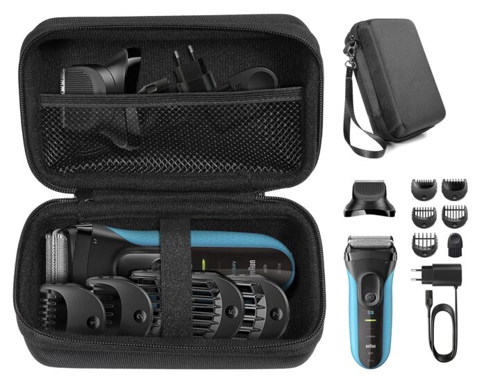 CaseSack Protective Case for Braun Electric Razor for Men, Series 3 3010Bt, 3 310s, Series5 5190cc, Series 7 7865cc, organizer for razor, heads and combs, brush, oil and cord, mesh accessories pocket