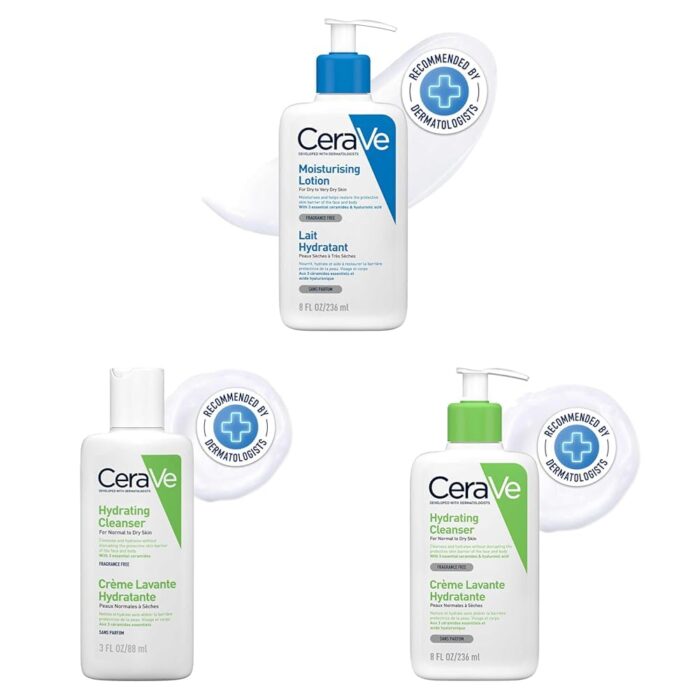 CeraVe Moisturizing Lotion (Oil-free), 236ml & Hydrating Cleanser (With HA), 88ml & Cleanser (Fragrance-free), 236ml | For Sensitive Skin