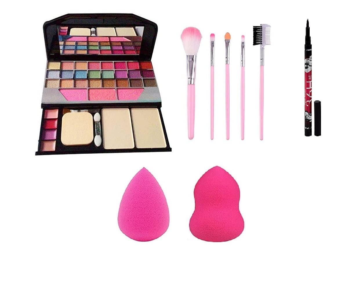 ClubBeauty 6155 Makeup Kit Eyeshadow Pallete With 5 Pcs Makeup Brushes Setand 1Pc 36H Waterproof Liquid Eyeliner with 2 Beauty Blenders - (Pack of 9)