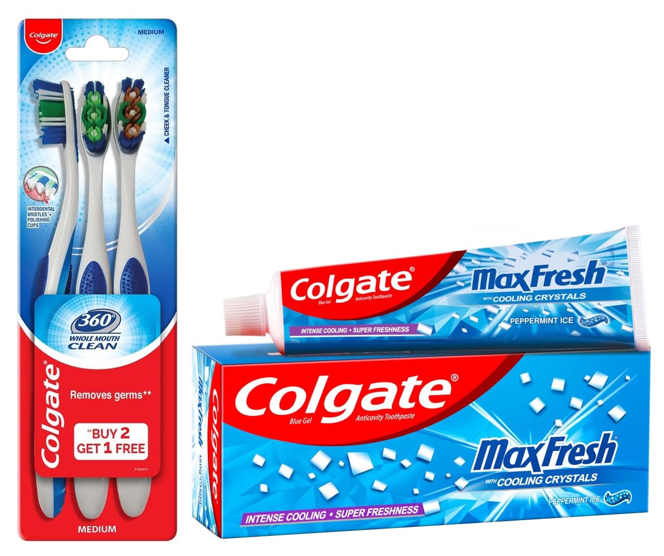 Colgate 360 Whole Mouth Clean Toothbrush For Adults - Manual,Multicolor,4 Pcs (Buy 2 Get 2 Free) & Maxfresh 300G (150G X 2, Pack Of 2) Toothpaste, Blue Gel Paste(Peppermint Ice, Saver Pack)