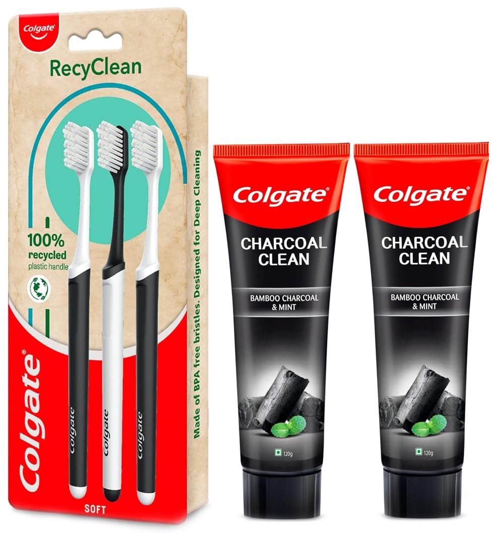 Colgate Charcoal Clean 240g (120g x 2, Pack of 2) Black Gel Toothpaste & Colgate RecyClean adult Toothbrush, Manual, Recycled and Planet-Friendly, 3 Pcs, Multi-Color