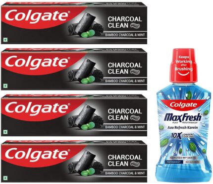 Colgate Charcoal Clean Black Gel Toothpaste, Pack Of 480G (120G X 4) Deep Clean Toothpaste & Plax Pepper Mint Mouthwash, 0% Alcohol - 500 Ml