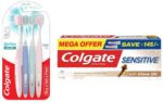 Colgate Gentle Enamel Ultra Soft Bristles Manual Toothbrush For Adults, 4 Pcs & Sensitive Toothpaste With Clove Oil, For Sensitivity Relief, 160G, Assorted