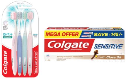 Colgate Gentle Enamel Ultra Soft Bristles Manual Toothbrush For Adults, 4 Pcs & Sensitive Toothpaste With Clove Oil, For Sensitivity Relief, 160G, Assorted