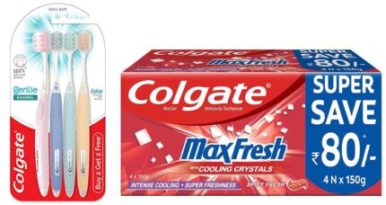 Colgate Gentle Enamel Ultra Soft Bristles Toothbrush & Max Fresh Bad Breath Treatment Toothpaste, Red Gel Paste With Menthol For Super Fresh Breath, 600g, 150g X 4 Spicy Fresh