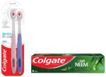 Colgate Gentle Ultrafoam Ultra Soft Bristles Manual Toothbrush For Adults, 2 Pcs, Multicolor & Active Salt Neem Toothpaste, Germ Fighting Toothpaste For Healthy, Tight Gums, Oral Care 200G
