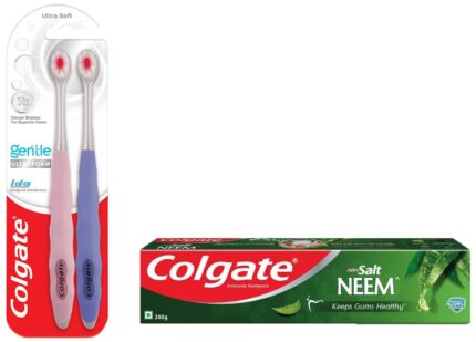 Colgate Gentle Ultrafoam Ultra Soft Bristles Manual Toothbrush For Adults, 2 Pcs, Multicolor & Active Salt Neem Toothpaste, Germ Fighting Toothpaste For Healthy, Tight Gums, Oral Care 200G