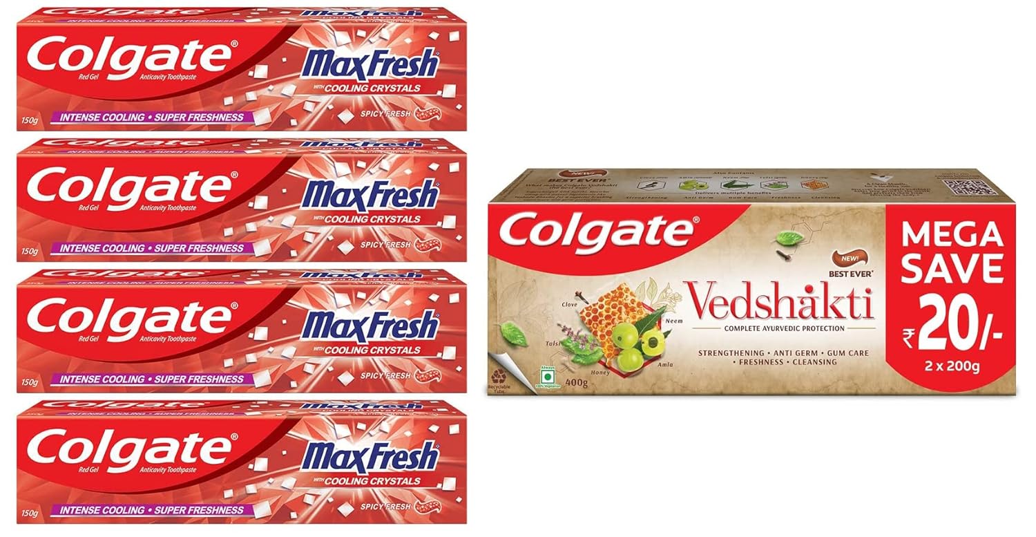 Colgate Max Fresh Bad Breath Treatment Toothpaste, Red Gel Paste, 600g, 150g X 4 Spicy Fresh & Swarna Vedshakti Ayurvedic Cavity Protection Toothpaste - 400gm