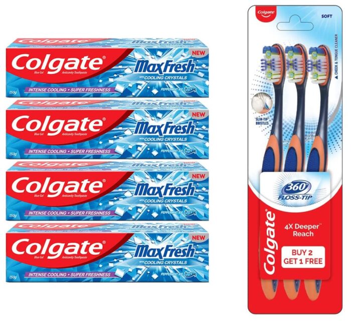 Colgate MaxFresh Breath Freshener Toothpaste, 600g (150g x 4), Peppermint Ice, Blue Gel Paste with Menthol, Cooling crystals for bad breath control & Colgate Toothbrush-360 Degree Flosstip