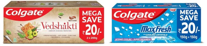 Colgate MaxFresh Toothpaste, Blue Gel Paste, 300g, 150g X 2 (Peppermint Ice, Saver Pack) & Swarna Vedshakti Ayurvedic Cavity Protection, Bad Breath Treatment Toothpaste - 400gm