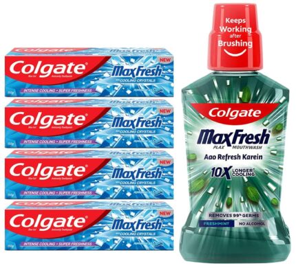 Colgate Maxfresh Breath Freshener Toothpaste, 600G (150G X 4) & Plax Antibacterial Mouthwash, 24/7 Fresh Breath - 250Ml, (Fresh Mint)