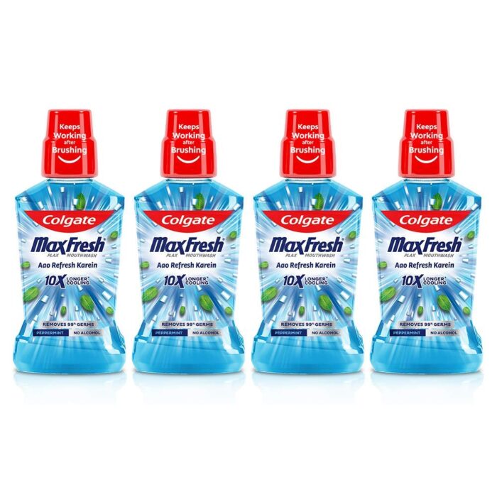 Colgate Maxfresh Plax Antibacterial Mouthwash, 24/7 Fresh Breath, 0% Alcohol - 250ml, (Pepper Mint) (Pack of 4)