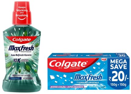Colgate Plax Fresh Mint Mouthwash, 0% Alcohol - 500 ml & Colgate MaxFresh Toothpaste, Blue Gel Paste with Menthol for Super Fresh Breath, 300g, 150g X 2 (Peppermint Ice, Saver Pack)