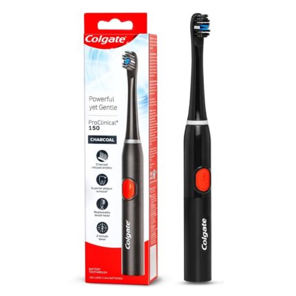 Colgate Proclinical 150 Charcoal Battery Powered Toothbrush, Electric Toothbrush with Soft Bristles and Strong Strokes, 5x Plaque Removal vs Manual Toothbrush (With Replaceable Brush Head, Batteries included)