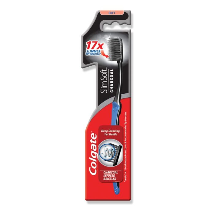Colgate Slim Soft Charcoal Toothbrush, Black Charcoal-Infused Soft Bristles Toothbrush - 1 Pc