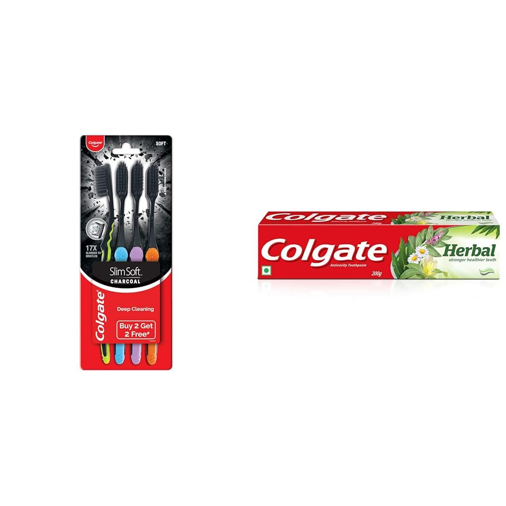 Colgate Slimsoft Charcoal Manual Toothbrush for Adults (Buy 2, Get 2 Free), 17X Slimmer Tip Bristles & Colgate Herbal Oral Care Toothpaste, Goodness of Natural Ingredients for Healthy Teeth, 200g