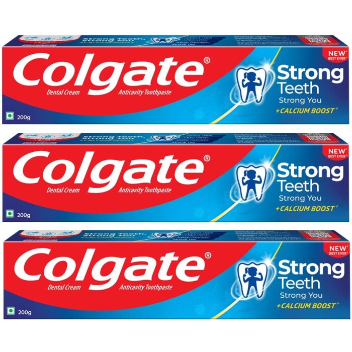Colgate Strong Teeth, 200g (Pack of 3), India's No: 1 Toothpaste Brand, Calcium-boost for 2X Stronger Teeth, Prevents cavities, Whitens Teeth, Freshens Breath