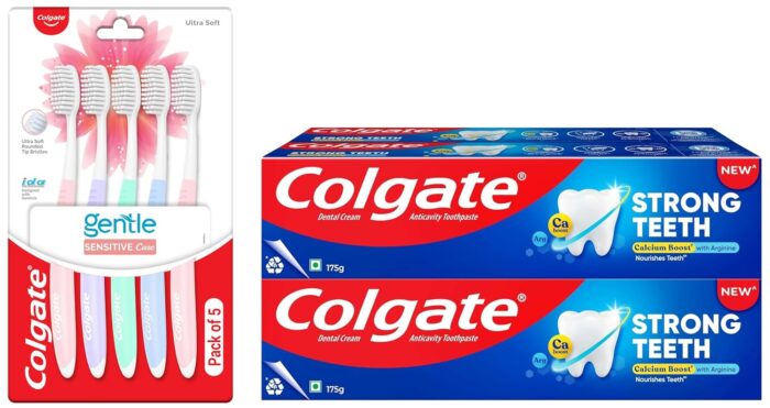 Colgate Strong Teeth (700g) India’s No: 1 Toothpaste Brand, Calcium-boost Tooth Paste for 2X Stronger Teeth, Prevents Cavities & Colgate Gentle Sensitive Care Ultra Soft Bristles Toothbrush (5Pcs)