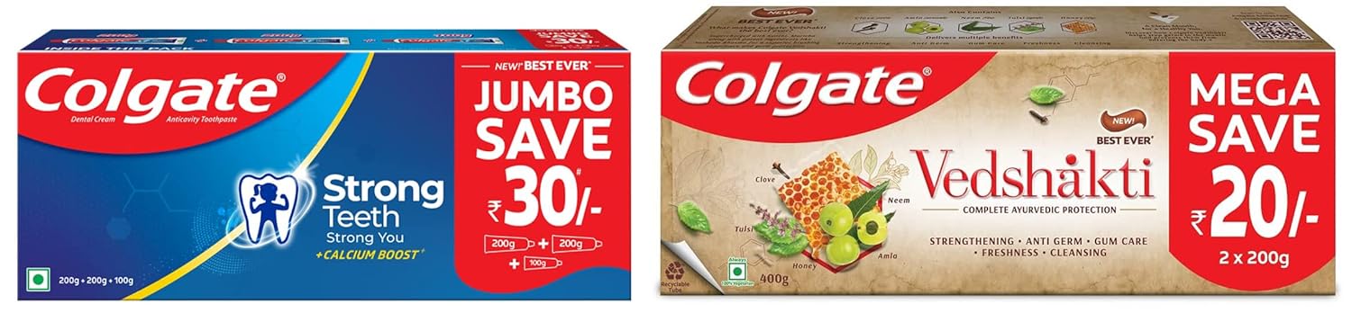 Colgate Strong Teeth Cavity Protection Toothpaste, Colgate Toothpaste, 500gm Saver Pack, India's No.1 Toothpaste & Swarna Vedshakti Ayurvedic Cavity Protection, Bad Breath Treatment Toothpaste - 400gm
