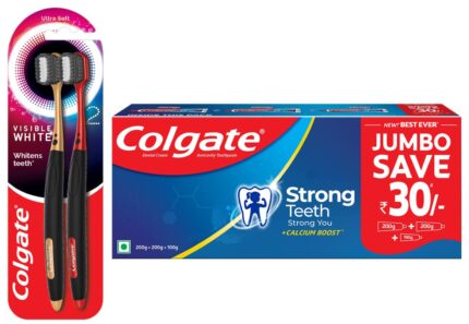 Colgate Strong Teeth Cavity Protection Toothpaste, Colgate Toothpaste with Calcium Boost, 500gm Saver Pack, India's No.1 Toothpaste & Colgate Visible White O2 Toothbrush - 2pcs