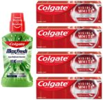 Colgate Visible White Teeth Whitening Toothpaste, Pack Of 400G (100G X 4) & Plax Fresh Tea Mouthwash, 0% Alcohol - 500 Ml