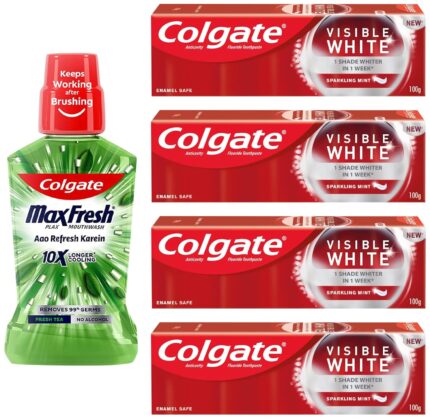 Colgate Visible White Teeth Whitening Toothpaste, Pack Of 400G (100G X 4) & Plax Fresh Tea Mouthwash, 0% Alcohol - 500 Ml