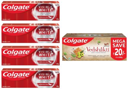 Colgate Visible White Teeth Whitening Toothpaste, Pack Of 400G(100G X 4) & Swarna Vedshakti Ayurvedic Cavity Protection, Bad Breath Treatment Toothpaste - 400Gm