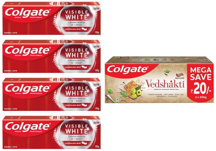 Colgate Visible White Teeth Whitening Toothpaste, Pack Of 400G(100G X 4) & Swarna Vedshakti Ayurvedic Cavity Protection, Bad Breath Treatment Toothpaste - 400Gm