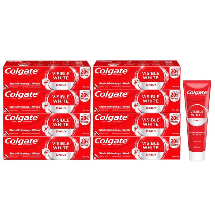 Colgate Visible White Toothpaste 400g (Combo Pack of 8 x 100g) Teeth Whitening Starts in 1 week, Safe on Enamel, Stain Removal and Minty Flavour for Fresh Breath.