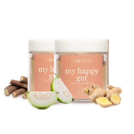 Cosmix My Happy Gut|Prebiotics&Probiotics-Promotes Healthy Gut Microbiome|Mulethi&Triphala Powder|Helps With Acidity,Digestion&Bloating|No Preservatives|No Added Sugar|60G-40 Servings (Pack Of 2)