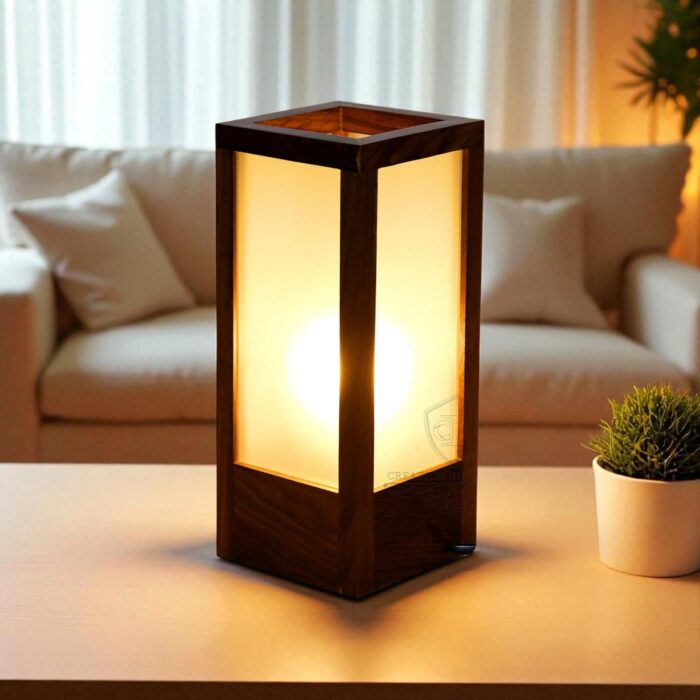 Creation India Craft Wooden Frosted Glass Table Lamp for Living & Study Room, Bedside Lamp for Bedroom & Home Decor, Drawing Room Desk - 10 Inches, Without Bulb, E27 Bulb