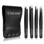 Crei.tor tweezer set - Professional 4-1 Stainless Steel Tweezers for Eyebrows -Anti-rust Alloy Tweezers for Women & Men Great Precision for Facial Hair, Splinter and Ingrown Hair Removal (Black)