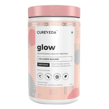 Cureveda Glow Veg Collagen Builder Powder (300g) for Brighter & Youthful Skin, Plant-Based Supplement with Rose Water, Veg Beauty Protein, Evening Primrose 100IU, No Added Sugar