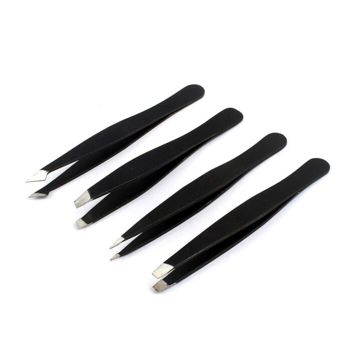 DDP Tweezers Set 4-Piece Professional Stainless Steel Tweezers with Pouch - Best Precision Eyebrow and Splinter Ingrown Hair Removal Tweezer Tip for Men & Women,Black