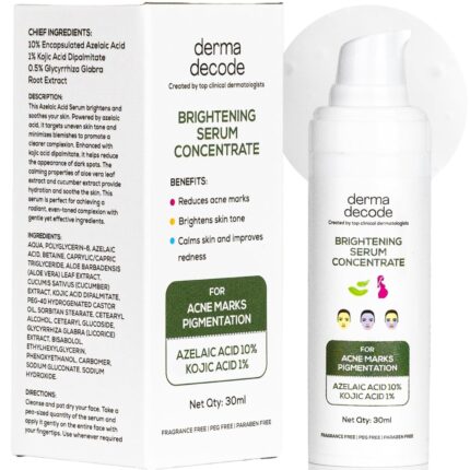 Derma Decode 10% Azelaic Acid Serum with 1% Kojic Acid for Glowing Skin, Reduces Acne Marks, Dark Spots, Redness, Uneven Skin Tone, Brightening, With Calming Aloe Vera & Cucumber, Fragrance-Free 30ml
