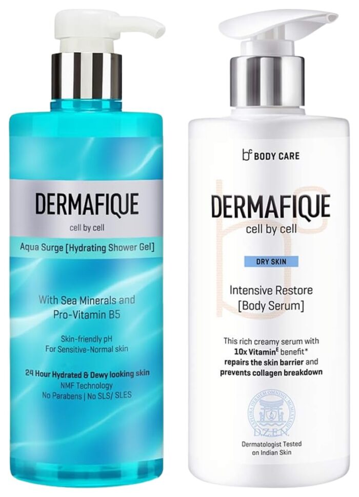Dermafique Aqua Surge Body Wash Shower Gel 500ml Bodywash Intensive Restore Body Lotion Serum with Vitamin E – 300ml Body Lotion