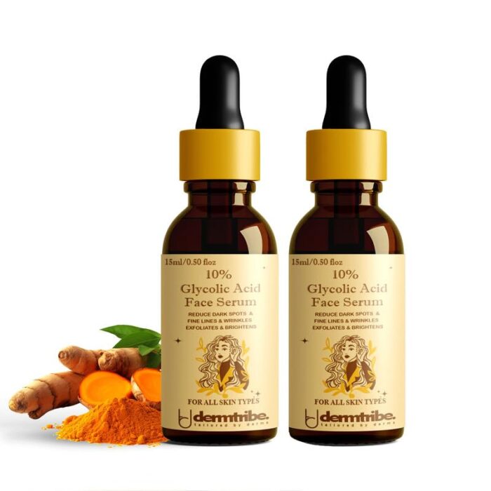 Dermtribe 10% Glycolic Acid Serum - Dark Spot Remover With 5% Niacinamide & Turmeric | Serum For Uneven Skin Tone, Pigmentation, Acne Scars | Face Serum For Women & Men - 15 ml (Pack of 2)